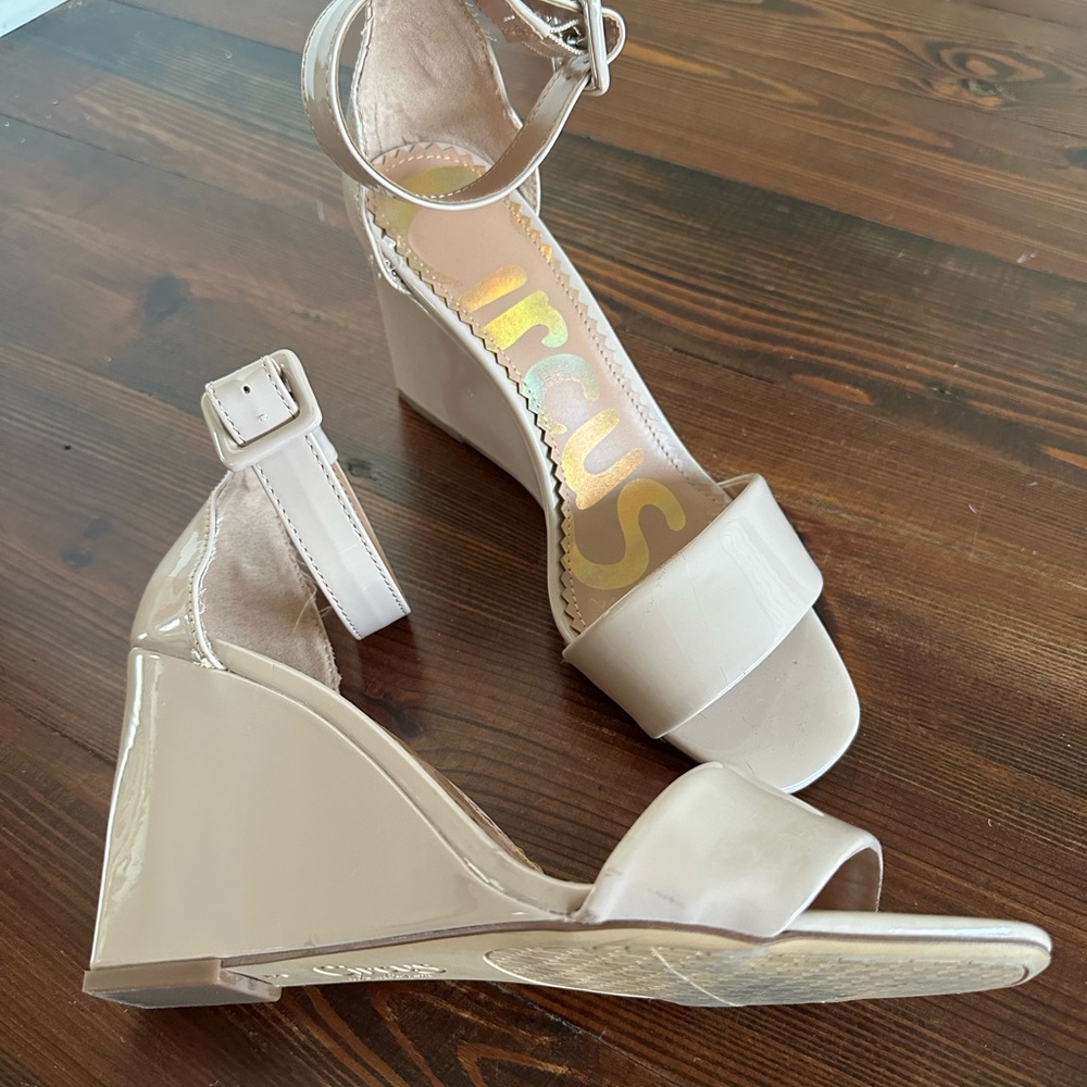 Circus by Sam Edelman Cream Patent Wedge Sandals with Ankle Strap